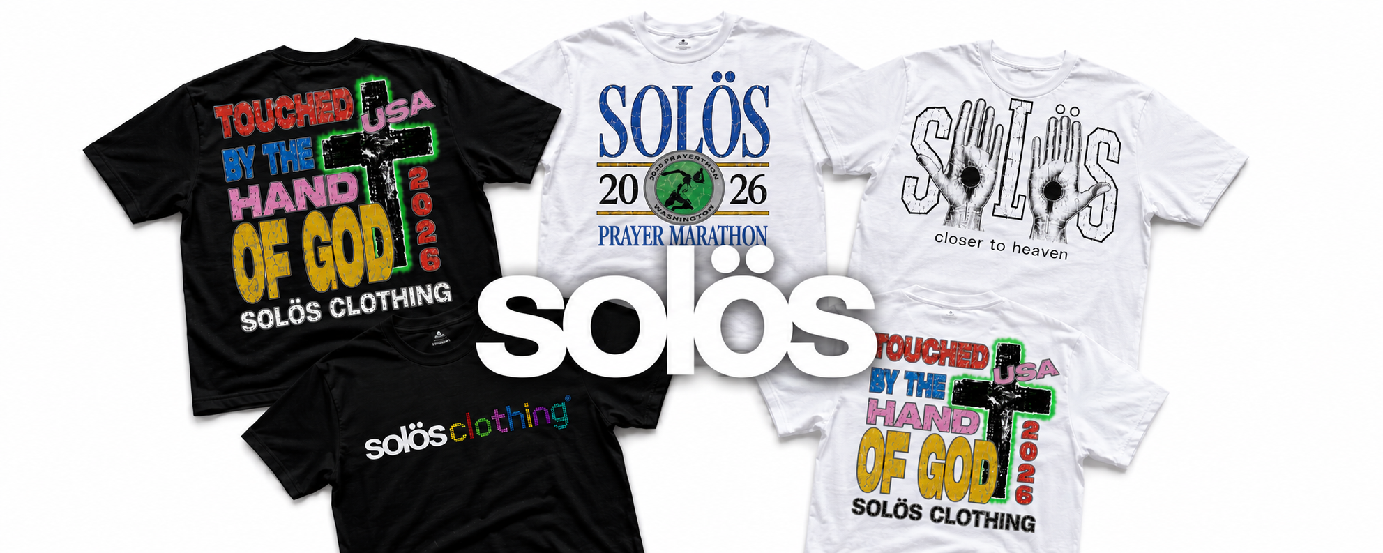 Three t-shirts with 'Solos' branding and designs on a white background